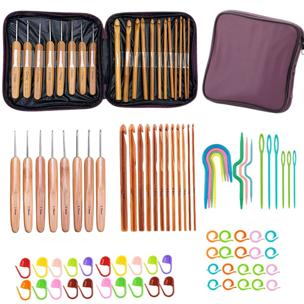 Art Craft Market - 74pcs Bamboo Crochet Hooks Set Yarn